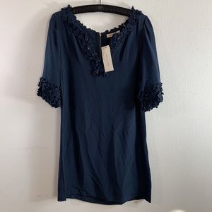 NWT Rebecca Taylor Indigo Silk Shift Dress with Sculptural Silk Flower Design